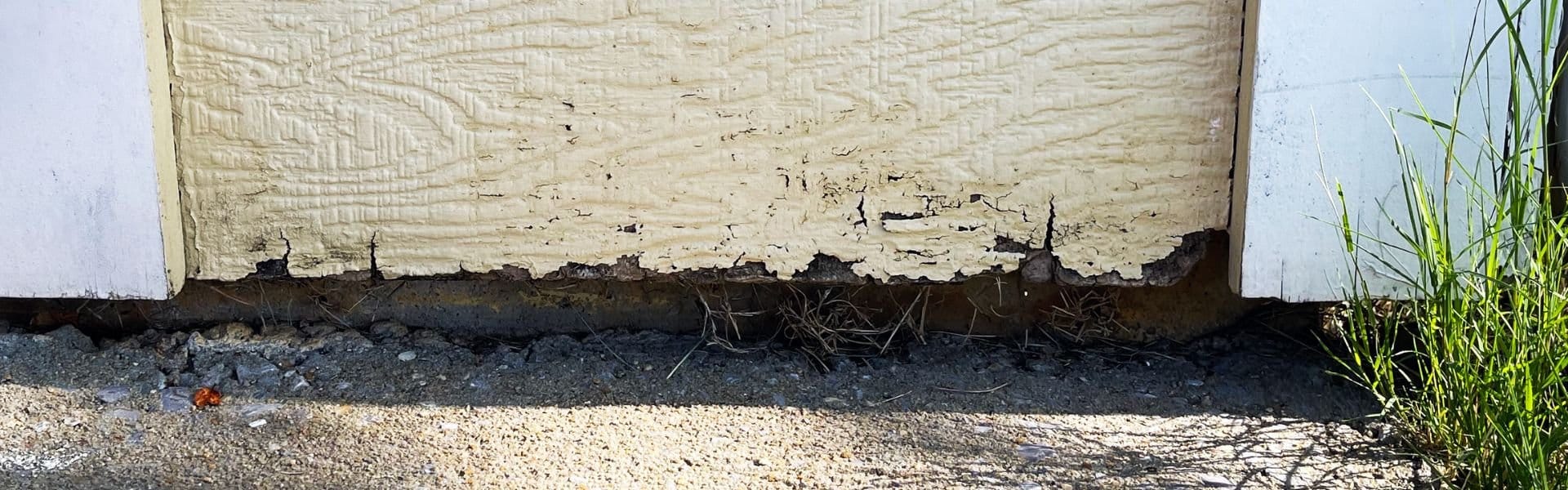 Rotten siding along the bottom of a house. An example of a house that needs to be painted.