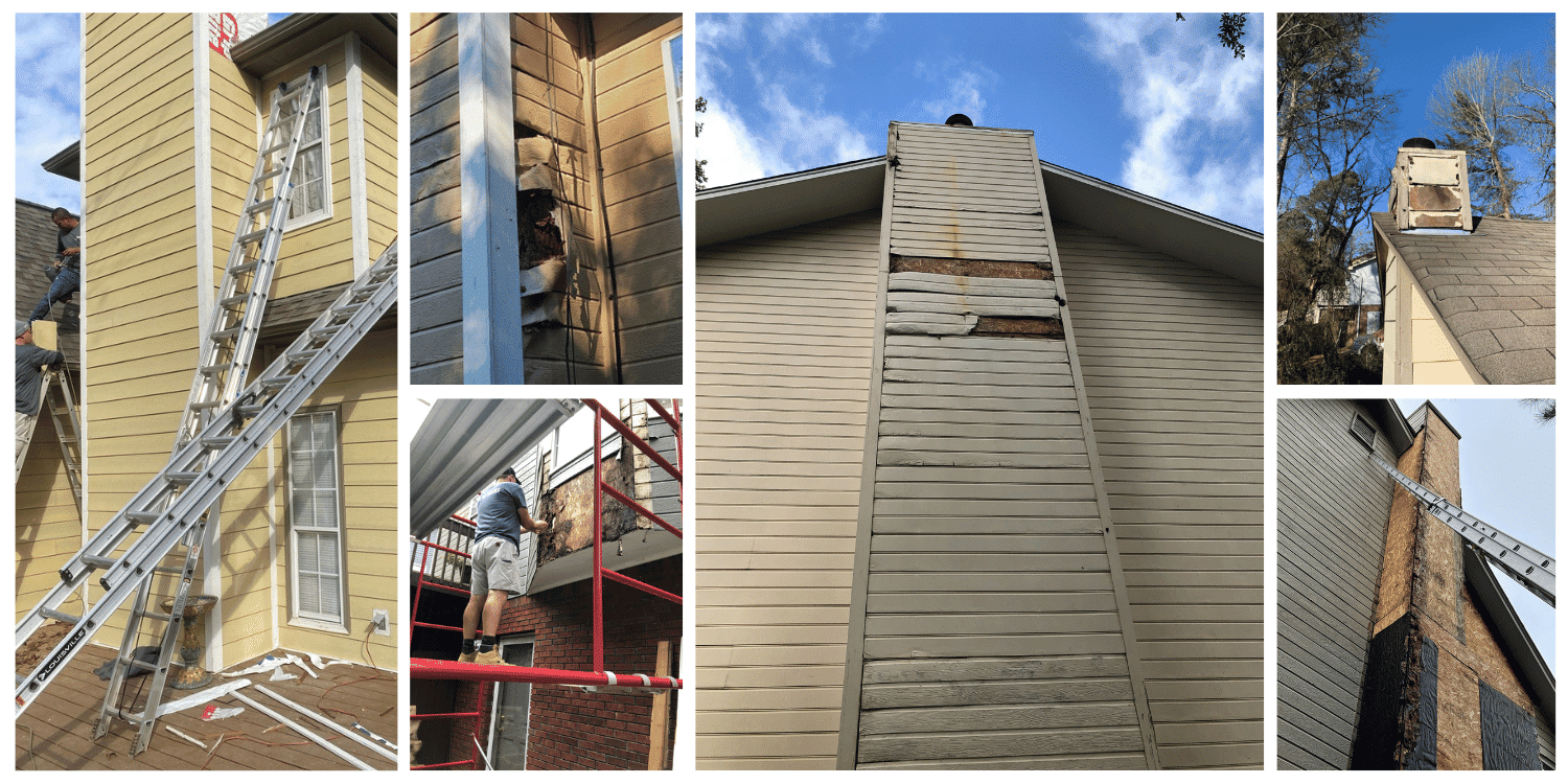 collage of water damaged Masonite siding