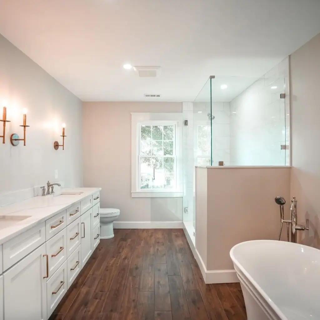 a kitchen with a sink and a mirror