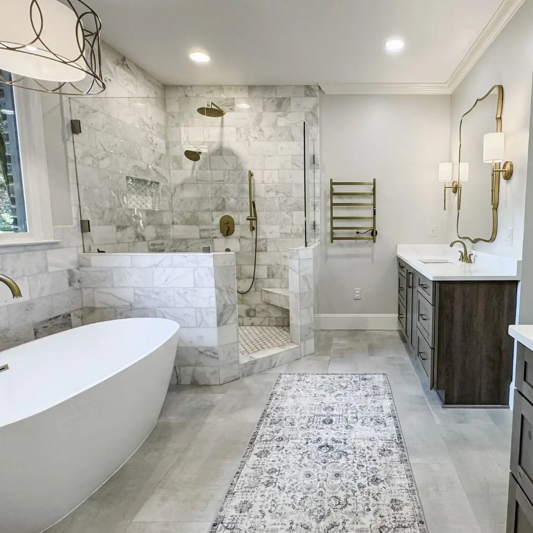 A master bathroom remodeling project with a large tub next to a shower.