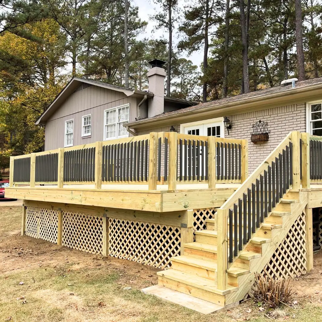 a deck building project with lattice underpinning and a large area for lots of seating.