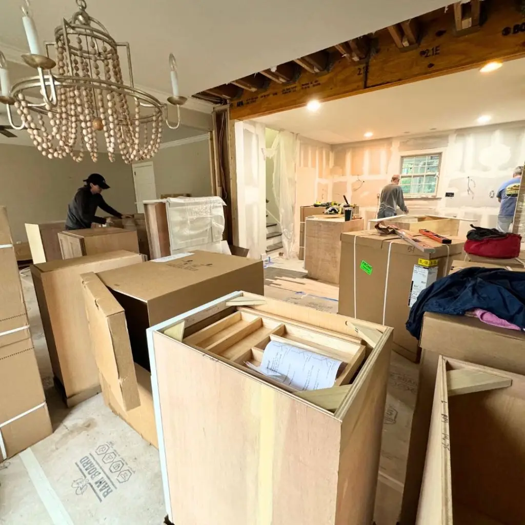 Our team of kitchen remodelers unpacking a delivery of cabinets in Mountain Brook, AL.