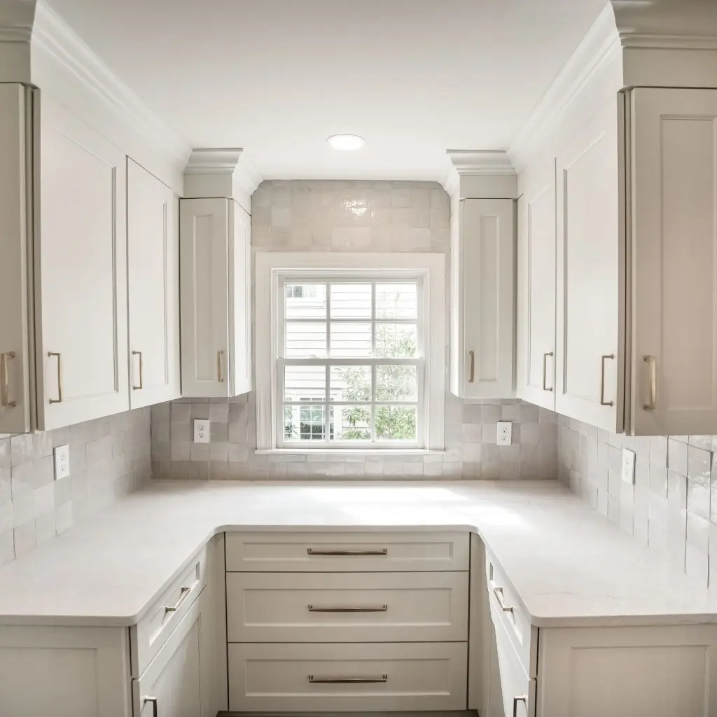 A bright U-shaped kitchen with white shaker cabinets and quartz countertops, designed to maximize storage and natural light in a well-planned remodel.