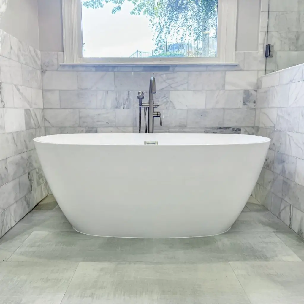 A sleek freestanding tub from our master bathroom remodeling project in Mountain Brook, AL.