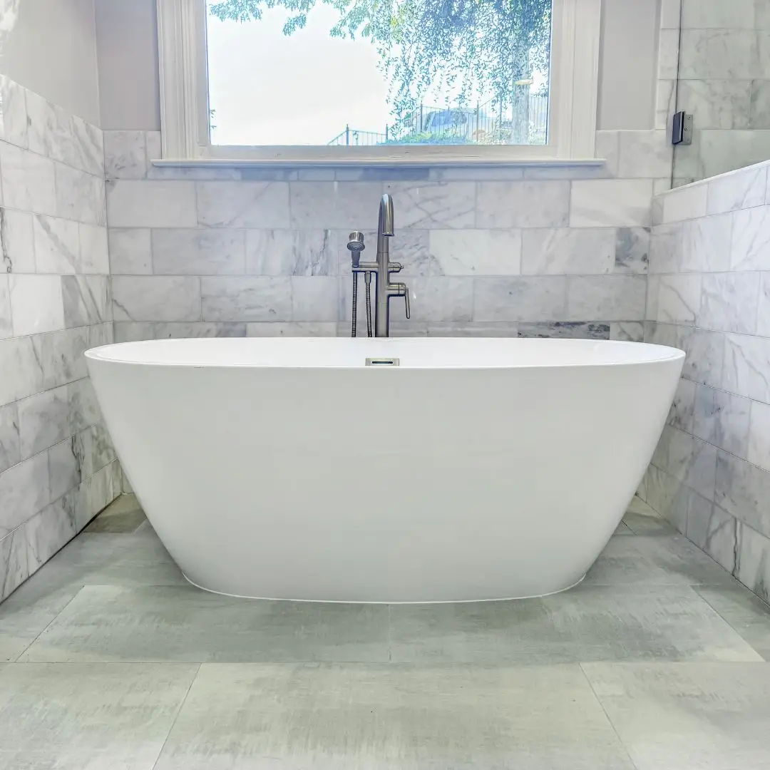 A sleek freestanding tub from our master bathroom remodeling project in Mountain Brook, AL.