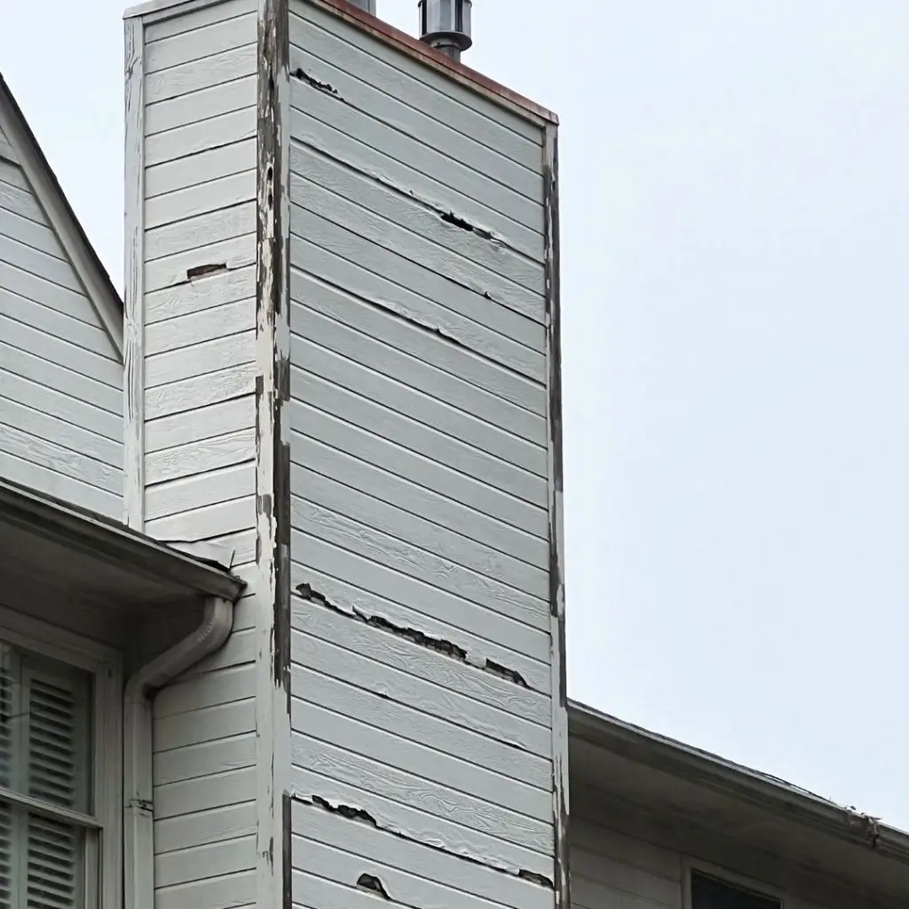 Severely damaged siding on a chimney with peeling paint and rotting panels, typical of aging Masonite siding.