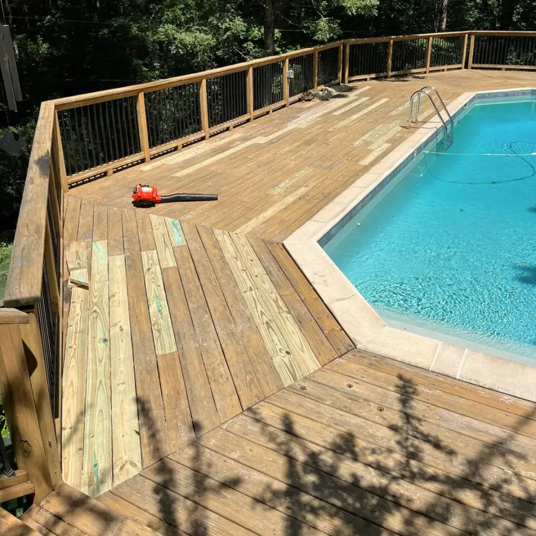 A recent decking repair in Birmingham where we replaced damaged boards around a pool to restore both safety and appearance.